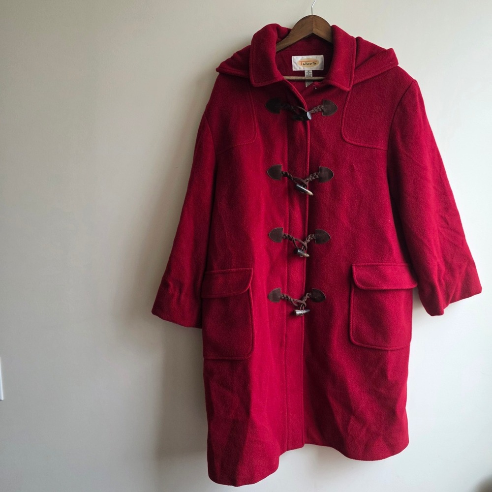 Talbots Vintage Red Wool Duffle Coat Hooded Size 18‎ Long Quiet Luxury Heritage